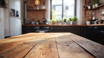Poster - Rustic wooden table with a kitchen setting in the background