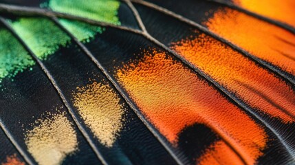 Poster - Close up of a butterfly wing featuring vibrant orange black and green patterns Iridescent design suitable for backgrounds or textures
