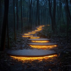 Glowing yellow light wooden pathway in the forest at night