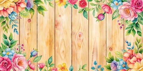 Watercolor style floral pattern on a wooden panel, flowers, foliage, panel, beige, abstract