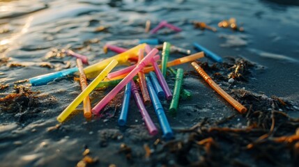 Wall Mural - Colorful Plastic Straws Littered on a Beach