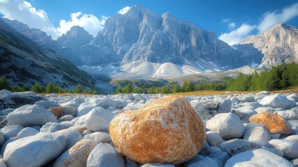 A large, rounded, orange rock rests on a bed of white, smooth stones in the foreground. The background features a towering, snow-capped mountain range and a bright blue sky with white clouds.