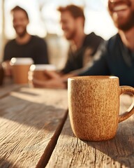 Wall Mural - Friends enjoying coffee together at a rustic table