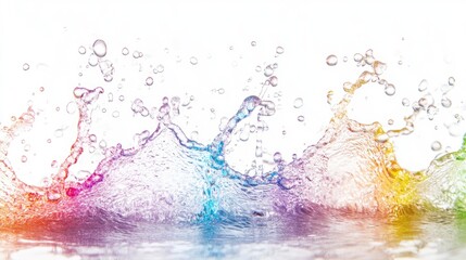 Poster - Rainbow colored water droplets splashing vibrant liquid in motion long banner format set against a white background