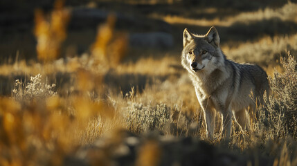 wolf in open meadow, natural wildlife
