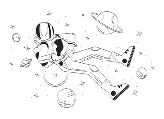 Poster - Helmet astronaut floating in space doodle line illustration concept. Spaceman universe exploration. Cosmonaut zero gravity planets 2D outline character isolated. Hand drawn ink drawing monochrome