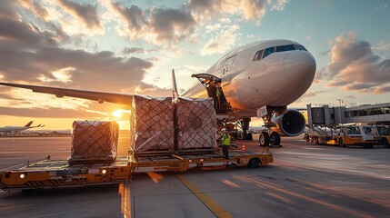 Cargo plane unloading at an airport terminal, with logistics workers efficiently managing the goods under a clear sky