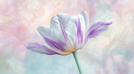 Fototapete - Dreamy pastel floral image featuring a blooming tulip with purple and white petals on an abstract backdrop