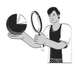 Poster - Data analyst magnifying glass doodle line illustration concept. Indian man with loupe holding chart. Strategy planning statistician 2D outline character isolated. Hand drawn ink drawing monochrome