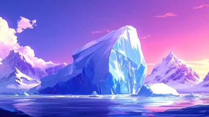 Aufkleber - A digital illustration of an enormous iceberg with towering mountains in the background