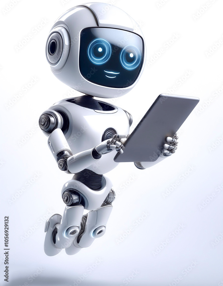 Ai robot using tablet floating or flying isolated white background ...