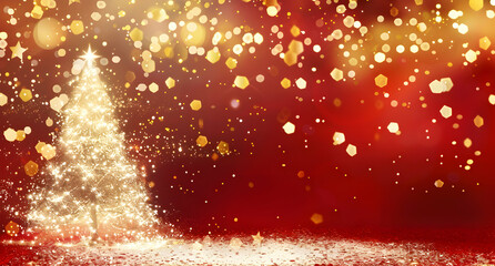 Poster - Red background, a golden Christmas tree on the right side of the picture, glowing particles, festive atmosphere