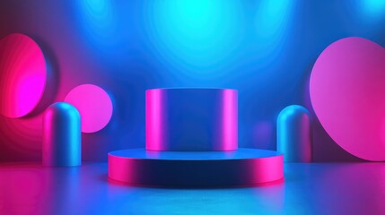 Fototapete - Surreal abstract scene featuring an empty stage with a cylindrical podium and circular shapes against a neon blue background ideal for displaying cosmetic and beauty product packaging mockups