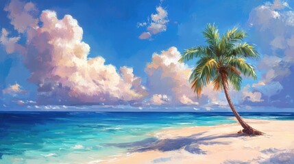 Aufkleber - A tranquil tropical beach featuring a palm tree crystal clear water and soft clouds against a vibrant sky