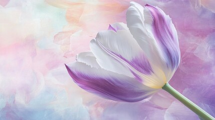Fototapete - Dreamy pastel floral image featuring a blooming tulip with purple and white petals on an abstract backdrop