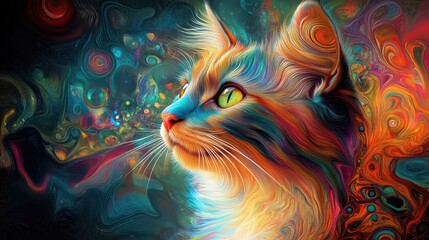 Poster - A vividly colored cat showcases a playful demeanor and glossy fur surrounded by a backdrop of abstract shapes in a spectrum of rainbow hues creating a captivating ambiance