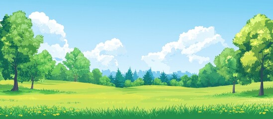 Fototapete - Summer Landscape With Green Grass On A Meadow Trees And Blue Sky