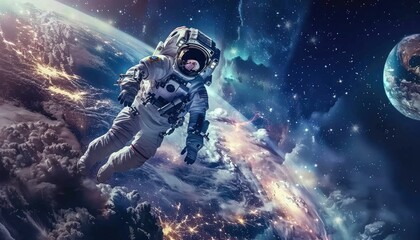 Wall Mural - astronaut floating in space over earth and stars