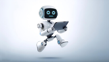 Ai robot using tablet floating or flying isolated white background