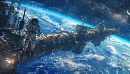 Wall Mural - astronaut on a space station orbiting earth