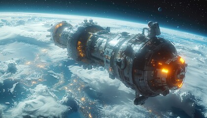 Wall Mural - futuristic spacecraft orbiting earth with astronaut