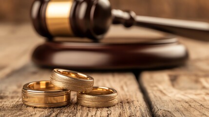 Two gold wedding rings lay in front of a judge's gavel.