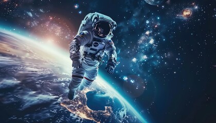 Wall Mural - astronaut floating above earth in outer space