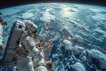 Wall Mural - astronaut in spacesuit floating above earth with clouds and city lights