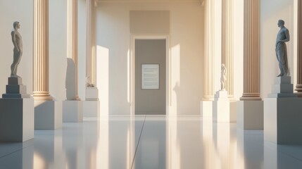 A serene interior of an art gallery, featuring classical statues and elegant columns bathed in soft, natural light.