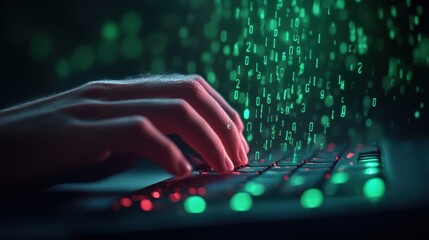 A hacker using a keyboard to access a computer system, with a digital display showing the code and commands used in the process.