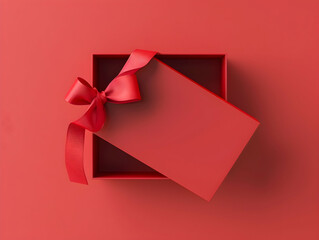 Poster - 3D open gift box with a red ribbon bow, isolated on a solid color background