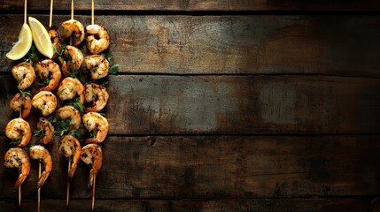 Sticker - Grilled Shrimp Skewers with Lemon on Wooden Background