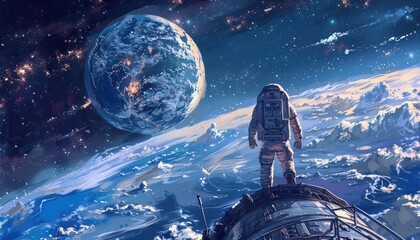 Wall Mural - astronaut gazing at earth from spacecraft