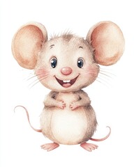 Adorable cartoon mouse watercolor illustration with happy expression, perfect for nursery decor and children's room art