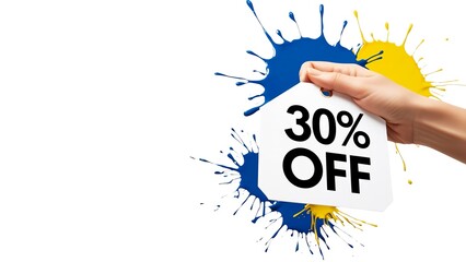 A vibrant and eye-catching illustration of a hand holding a 30% off sale tag. Big Savings. Discount. Limited Time Offer. Exclusive Deal. Black Friday. 4