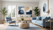© Sajal.savar - Japandi Minimalist Interior with Blue Art and Modern Blue Sofa in a Stylish Living Room.