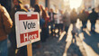 © Xingguo - Close-up of 'Vote Here' Sign at Polling Station with Line of People in Background, Symbolizing Civic Participation