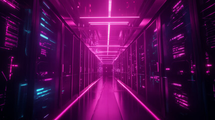 A futuristic data center secured by quantum encryption, with glowing networks visualizing encrypted information flowing through the system,