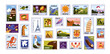 © Good Studio - Post stamps set. World landmarks, attractions, travel mail cards, letter stickers, postage. International postal souvenirs with country symbols. Flat vector illustrations isolated on white background
