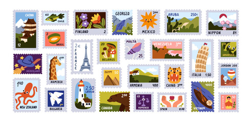 post stamps set. world landmarks, attractions, travel mail cards, letter stickers, postage. internat