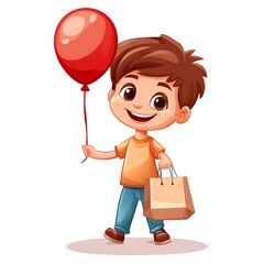 Wall Mural - Cartoon kid holding a balloon and a shopping bag on a white background.