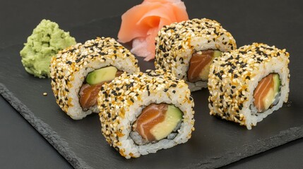 Wall Mural - Fresh Sushi Rolls with Wasabi and Ginger Garnish