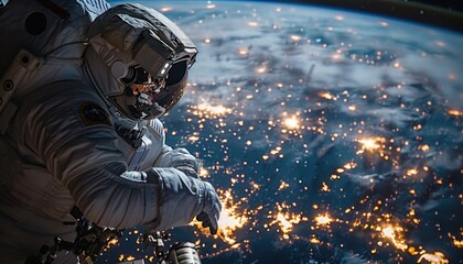 Wall Mural - astronaut gazing at earth's night lights from space