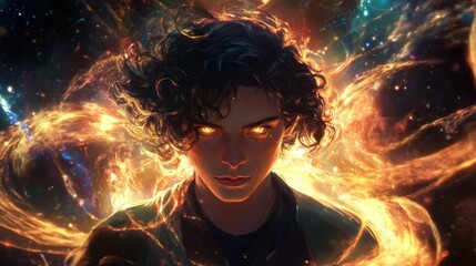 A mystical sorcerer with a commanding presence, short curly hair, fierce, anime style, luminous golden eyes, set against a swirling galaxy full of mysteries.