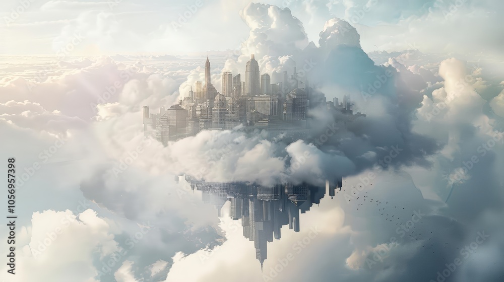 Illustrate an enchanting floating city suspended in the clouds, merging ...