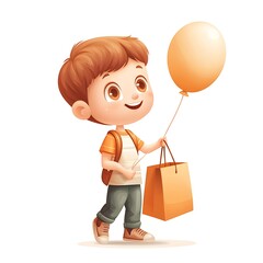 Wall Mural - Cartoon kid holding a balloon and a shopping bag on a white background.