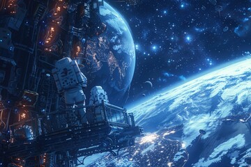 Wall Mural - astronauts on a space station observing earth