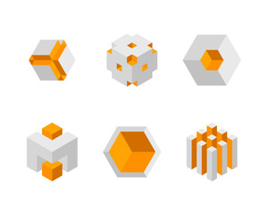 Poster - cube logo, geometric vector design. box logotype company, trendy tech emblem in pixel style.