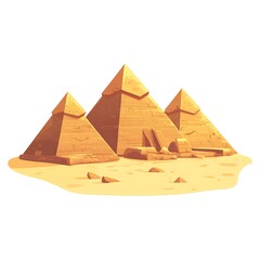 A cartoon Pyramids of Giza in the desert on a white background.