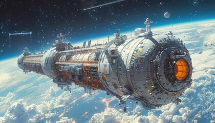 Wall Mural - futuristic space station orbiting earth with astronaut